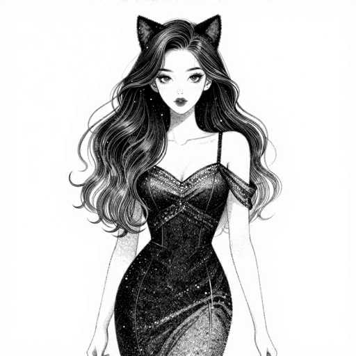 This black and white illustration features a young woman with long, wavy hair cascading down to her waist. She is adorned in a sparkly dress that is low-cut, with one strap elegantly draped over her shoulder. Her striking features include large eyes and full lips, and she wears a pair of cat ears, adding a whimsical touch to her appearance. The dress is detailed with intricate patterns, and the image captures her from the top of her head down to just below her knees. The background is a stark white, emphasizing the detailed linework and shading of the drawing.