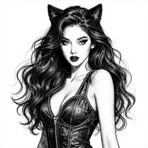This black and white illustration features a young woman with long, wavy hair cascading down to her waist. She is adorned with cat ears, adding a whimsical touch to her appearance. Her eyes are accentuated with long eyelashes, and her lips are painted a striking shade of red. She is dressed in a corset that is partially unzipped, revealing a hint of cleavage. The corset is detailed with a zipper running down the front and is embellished with small dots, giving it a textured look. The image captures her from the waist up, with her right arm visible and her left arm out of the frame. The background is a stark white, which contrasts sharply with the intricate details of her attire and features.