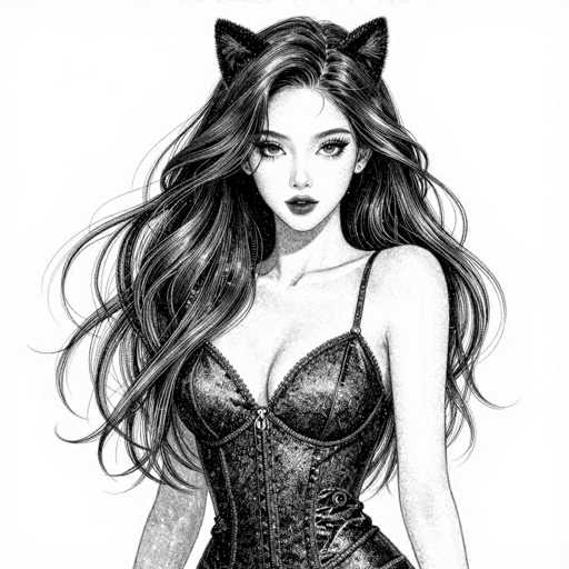 This black and white illustration features a young woman, likely in her late teens or early twenties, with long, wavy hair cascading down to her waist. She is depicted from the waist up, wearing a corset with thin straps over her shoulders. The corset is detailed with a zipper running down the front and a button at the top. Her hair is parted in the middle, and she has cat ears protruding from the top of her head, adding a whimsical touch to her appearance. She is adorned with small stud earrings and has dark lipstick that accentuates her full lips. Her eyes are large and expressive, framed by long eyelashes, and she gazes directly at the viewer with a neutral expression. The background is plain white, emphasizing the intricate details of her attire and features.