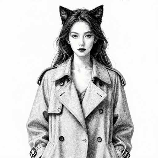 This black and white illustration features a young woman, likely in her late teens or early twenties, with long, dark hair cascading down her back. She is adorned with cat ears, adding a whimsical touch to her appearance. Her lips are painted a striking shade of red, contrasting vividly against the monochromatic palette. She is dressed in a long, double-breasted trench coat, which appears to be light gray, though the exact color is indiscernible due to the grayscale nature of the image. The coat is fastened with buttons on both sides, and she has her hands tucked into the pockets. The background is a stark white, emphasizing her figure and drawing attention to her detailed features.