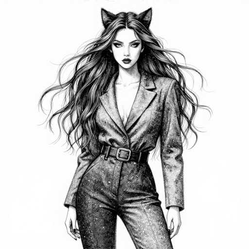 This black and white illustration features a striking woman with long, wavy hair cascading down to her waist. She is adorned in a sleek, form-fitting suit that accentuates her slender figure. The suit, which appears to be made of a leather-like material, is cinched at the waist with a prominent belt. The woman's facial features are bold and defined, with dark, heavy eyebrows and lips that add to her intense gaze. Her hands rest naturally at her sides, and her nails are painted black, adding a touch of sophistication. The overall composition of the image is both elegant and edgy, capturing the essence of a powerful and confident woman.