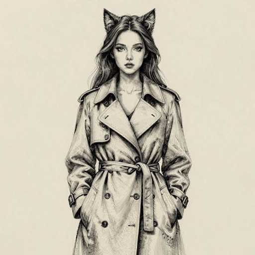 This detailed black and white pencil drawing depicts a young woman, likely in her late teens or early twenties, with long, flowing dark hair. She is adorned with cat ears, adding a whimsical touch to her appearance. Her attire consists of a long, double-breasted trench coat that extends to her knees, cinched at the waist with a belt. The coat features prominent buttons and a wide collar, with her hands tucked into the pockets. The woman's expression is serious, and she gazes directly at the viewer. The background is a light gray, providing a subtle contrast to the intricate details of her coat and hair. The drawing captures her from the top of her head down to just below her knees, emphasizing the elegance and intricacy of her outfit and features.