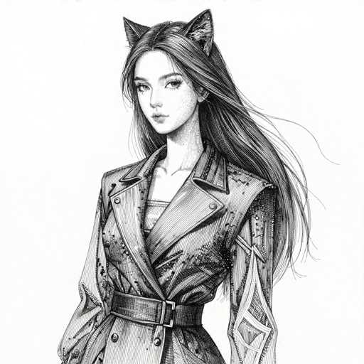 This black and white illustration features a young woman with long, flowing hair that cascades down her back. She is adorned with cat ears, adding a whimsical touch to her appearance. Her attire consists of a stylish trench coat, cinched at the waist with a belt, and she wears a shirt underneath. The woman's expression is neutral, and she gazes directly at the viewer. The background is a stark white, emphasizing the intricate details of her hair and the texture of her trench coat. The illustration is devoid of any text, allowing the viewer to fully appreciate the artistry and detail of the drawing.