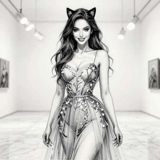 This black and white AI-generated image depicts a woman standing in a stark, minimalist room. The room features white walls and a gray floor, with two paintings hanging on the walls and four lights positioned above her. The woman, who has long, flowing hair, is adorned with cat ears and is dressed in a revealing, lacy dress. Her facial features are notably distorted, with an oversized nose, uneven eyes, and a mouth that appears to be misshapen. Her hands are also deformed, with one hand showing only three fingers and the other displaying six fingers. The dress itself is irregular, with an asymmetrical hemline that is higher on one side and a strap that is unevenly placed. Additionally, the dress's lace pattern is inconsistent, with some areas appearing more defined than others.