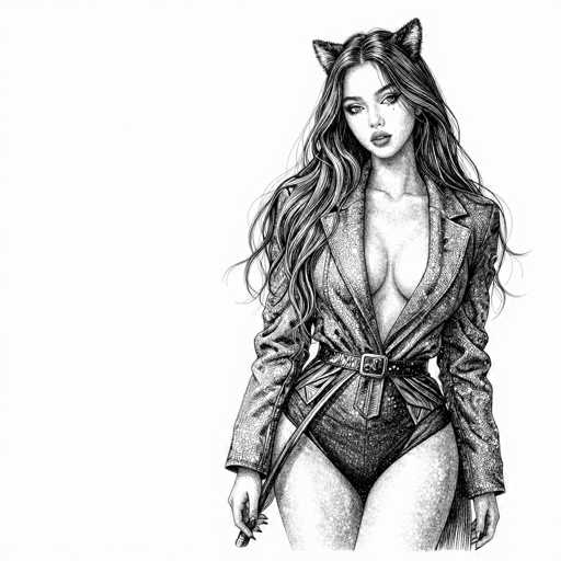 This black and white pencil drawing depicts a young woman, likely in her late teens or early twenties, with long, wavy hair cascading down to her waist. She has a slender build and is adorned with cat ears, adding a whimsical touch to her appearance. The woman is dressed in a low-cut, unbuttoned trench coat that reveals a significant portion of her chest, paired with very short shorts or possibly a thong. Her attire is accentuated by a belt around her waist, from which a purse strap hangs. She holds a microphone in her right hand, suggesting she might be a singer or performer. Her facial features include full lips and a slight smile, with her gaze directed slightly to the left. The background is stark white, emphasizing the detailed shading and intricate lines of the drawing.