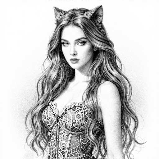 This black and white pencil drawing features a young woman, likely in her late teens or early twenties, with long, wavy hair cascading down to her waist. She has a pale complexion and is adorned with cat ears, which are detailed with fur and small flowers. Her attire is a corset-like top, intricately designed with lace and floral patterns, laced up the front. The woman's expression is serious, with her eyes looking directly at the viewer, and she has full lips and a small nose. The background is a light gray, providing a subtle contrast to the detailed shading of her figure.