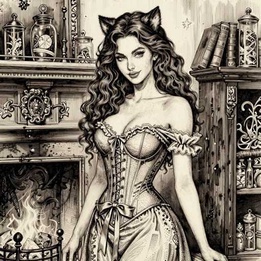 A detailed, black and white illustration in the style of a vintage engraving depicts a woman with long, curly hair adorned with cat ears. She is wearing a detailed, ornate corset dress with lace and ribbons, standing in front of a fireplace. The background features a vintage-style bookshelf filled with books and various decorative objects, including glass jars and a clock. The overall style is intricate and detailed, with a focus on texture and shading to create a sense of depth. The woman's expression is alluring, with her gaze directed towards the viewer.