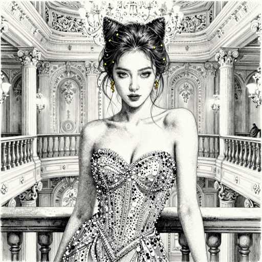 A detailed black and white illustration of a woman in an ornate, heavily embellished gown. The woman is positioned on a balcony overlooking a grand, intricately decorated interior space with ornate columns and railings. She has dark hair styled in an updo adorned with cat-ear headwear, and wears delicate gold earrings. Her expression is serene yet captivating, looking directly at the viewer with a slightly pensive gaze. The overall style is reminiscent of a detailed fashion illustration, possibly inspired by Art Nouveau or a vintage aesthetic. The lighting is soft and highlights the intricate details of the dress and the architectural elements, creating a sense of elegance and sophistication.