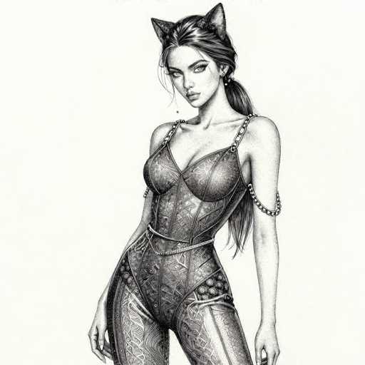 This black and white pencil drawing depicts a young woman, likely in her early 20s, with long, dark hair styled in a ponytail. She is adorned with cat ears and wears a revealing corset-like bodysuit that extends from her chest to her thighs. The bodysuit features intricate patterns and is accentuated with chains: one draped over her left shoulder and another encircling her left bicep. Her arms are positioned at her sides, and she gazes directly at the viewer with a serious expression. The drawing captures her from the top of her head down to her thighs, emphasizing the detailed textures and patterns of her attire.