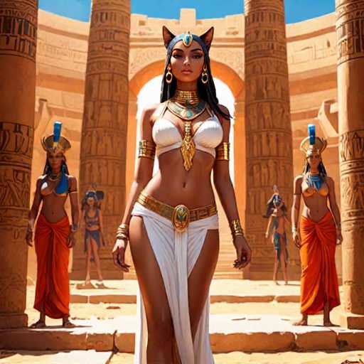 This AI-generated image depicts a group of women standing in front of an ancient Egyptian-style building. The central figure is a woman adorned in a white bikini top and a white skirt, complemented by a gold belt and a gold necklace. She also wears gold earrings and has cat-like ears, adding a fantastical element to her appearance. Surrounding her are five other women, each dressed in orange skirts and blue tops, with gold headpieces. The background features a grand structure with large pillars and an archway, enhancing the historical ambiance of the scene.