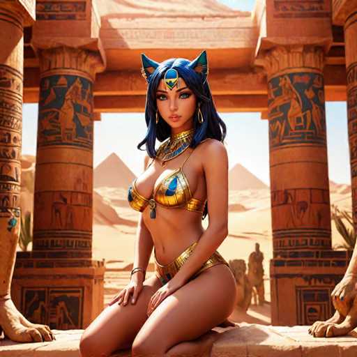 This AI-generated image depicts a woman seated on a stone bench in front of an ancient Egyptian temple. She is adorned in a golden bikini top and bottom, complemented by a matching golden choker necklace. Her long, dark blue hair cascades down her back, and she wears a golden headband with a blue emblem at its center. Adding to her mystical appearance, she sports blue cat ears. The background features the iconic Egyptian pyramids, framed by large stone columns that are intricately carved with hieroglyphics. The woman gazes directly at the viewer, her expression serene and captivating.