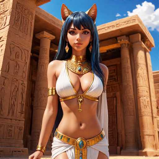 This image features a striking female character, possibly from a video game or an AI-generated creation. She has long, flowing black hair and is adorned with gold cat ears, adding a whimsical touch to her appearance. Her attire is a white bikini top, complemented by a gold belt and a matching gold choker necklace. She also wears a gold armband on her right arm, enhancing her regal look. The character's skin is a light tan, and she has captivating brown eyes. 

In the background, there is a grand building with a tan facade, reminiscent of ancient Egyptian architecture. The structure is adorned with intricate carvings and features tall, imposing columns. The sky above is a clear blue, dotted with a few white clouds, completing the scene with a serene atmosphere.
