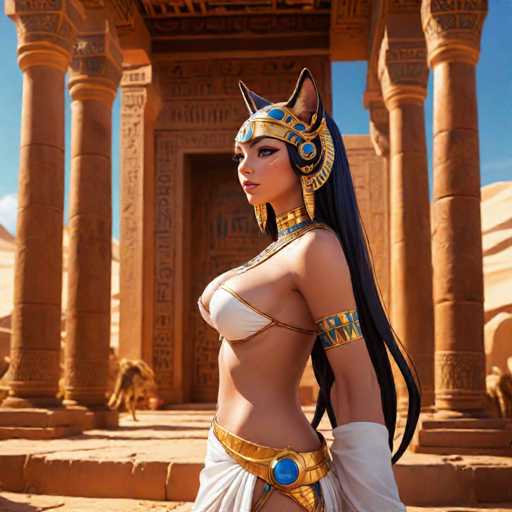 This image depicts a strikingly realistic AI-generated woman standing in front of an ancient Egyptian-style building. The structure behind her features tall, ornate columns adorned with hieroglyphics, evoking the grandeur of an ancient temple. The woman is dressed in a white bikini top and a white skirt, complemented by a gold belt with a prominent blue circular buckle. Her long, flowing black hair cascades down her back, and she wears a gold headpiece with cat ears, adding a mystical touch to her appearance. Her face is adorned with heavy eye makeup, enhancing her enigmatic allure. The overall scene blends elements of ancient Egyptian architecture with a modern, fantastical character, creating a captivating and immersive visual experience.