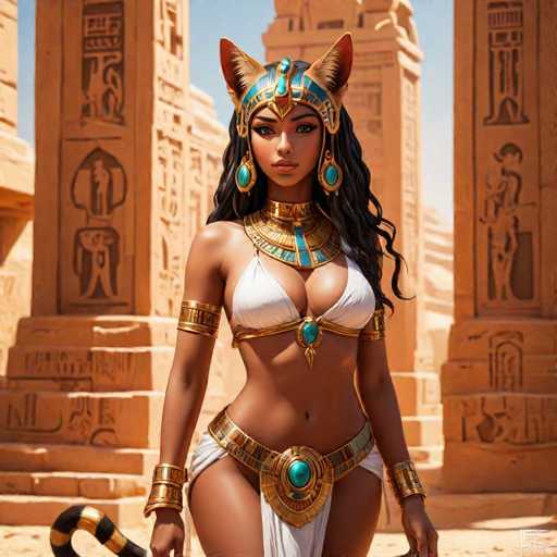 The image depicts a strikingly beautiful woman with long, wavy black hair cascading down her back. She is adorned in an elaborate Egyptian-inspired outfit, featuring a white bikini top with gold trim and a matching gold belt that accentuates her figure. The belt is embellished with turquoise jewels, adding a touch of regal elegance. Her accessories include large turquoise earrings and a golden choker necklace, also adorned with turquoise jewels. A golden headband with turquoise accents sits atop her head, complementing her overall look. She has a tail, black with gold stripes, which adds a mystical element to her appearance. The background showcases grand Egyptian-style columns, enhancing the ancient and exotic ambiance of the scene.