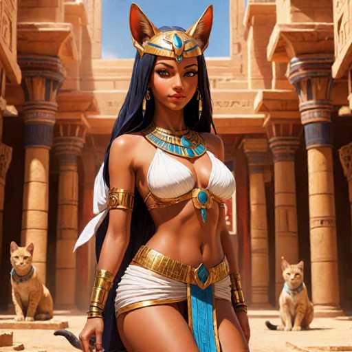 This AI-generated image depicts a striking Egyptian-themed woman standing in front of an ancient temple adorned with columns. The woman, who has a medium complexion, is dressed in a white bikini top and matching skirt, accentuated by a gold belt and gold armbands. Her long black hair cascades down her back, and she wears a golden headpiece with fox-like ears. Around her neck, she sports an elaborate gold necklace featuring blue accents. Her eyes are a captivating brown, and she gazes directly at the viewer. Flanking her on either side are two identical white cats, each wearing a blue collar. The scene is set against a backdrop of a clear blue sky, enhancing the timeless and mystical atmosphere of the image.