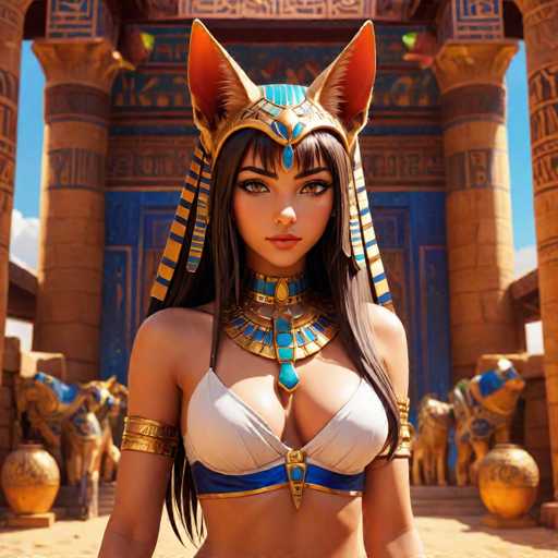 A stunning, digitally-rendered Egyptian goddess, Nefertiti, dominates the frame. She's adorned in elaborate golden and blue jewelry, including a prominent headdress with cat ears and a detailed collar. Her long, dark hair cascades over her shoulders, framing a serene yet captivating face with large, expressive eyes. She stands in front of an ornate, ancient Egyptian temple facade, with golden sphinxes flanking the background. The overall style is highly detailed and evocative of a fantasy interpretation of ancient Egypt, with a focus on rich textures and vibrant colors.