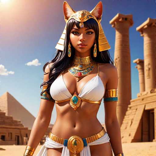 The image depicts a strikingly beautiful woman with long, flowing black hair and bangs, adorned with a golden headpiece that features cat ears. She is dressed in a white bikini top embellished with a turquoise gem and gold accents, and a matching white skirt with a gold belt. Her ensemble is complemented by gold bangles on her wrists and a large, ornate necklace with turquoise and red stones. The background showcases the grandeur of ancient Egyptian architecture, including a prominent pyramid on the left and several tall, beige columns on the right, set against a clear blue sky with a few white clouds. The scene evokes a sense of timeless beauty and historical splendor.
