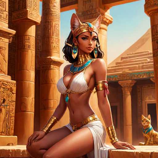 This AI-generated image depicts a woman with a strikingly realistic appearance, yet certain details hint at its artificial origin. She is adorned in a white bikini top and a matching skirt, complemented by a gold belt and gold armbands. Her ensemble is accentuated by a turquoise necklace and a turquoise earring. She wears a gold crown with cat ears, and her long black hair cascades down her back. Her skin is a rich brown, and she has brown eyes and a slim figure. The background features a grand pyramid and several columns, adding to the scene's majestic ambiance. In the bottom right corner, a golden cat with turquoise markings around its neck and ears sits, adding an intriguing element to the composition.