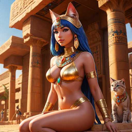 This AI-generated image depicts a woman with striking blue hair, adorned with a gold crown featuring cat ears. She is dressed in a golden bikini, complemented by a gold collar and a matching necklace. Her ensemble is accentuated with gold armbands and wristbands. The woman is seated on a stone ledge, gazing thoughtfully to the left. Behind her, a cat with a gold collar and blue eyes mirrors her gaze, adding a touch of mystique to the scene. The backdrop reveals an ancient Egyptian setting, complete with grand stone columns and a clear blue sky. In the distance, two figures can be seen, one of whom is holding a staff, enhancing the historical ambiance of the image.