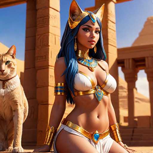 In this captivating image, a woman is adorned in an elaborate Egyptian-inspired costume. She wears a striking headdress featuring cat ears, symbolizing the goddess Bastet, and her long, flowing blue hair cascades down her back. Her attire includes a white bra with gold trim, complemented by a matching white skirt. Around her neck, she sports a golden collar, and her arms are adorned with gold bangles. A prominent blue pendant hangs from her chest, adding to the regal ensemble. The background reveals a majestic pyramid and ancient columns, enhancing the historical ambiance. To her left, a cat with a brown collar gazes intently at the camera, adding a touch of mystique to the scene.