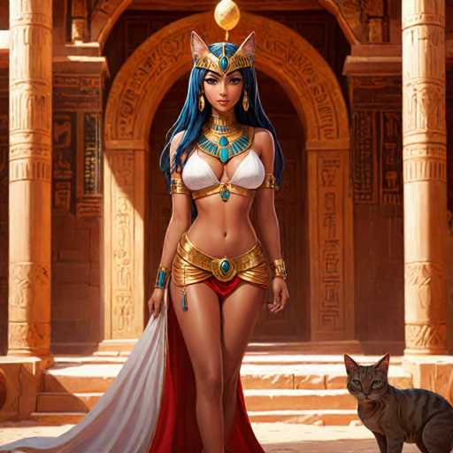 This image depicts a strikingly detailed, AI-generated female character with an exotic, Egyptian-inspired aesthetic. She stands confidently in front of an ornate, ancient Egyptian-style building adorned with hieroglyphics and flanked by two tall columns. The character has long, flowing blue hair and wears an elaborate gold headpiece featuring a prominent blue jewel and a crescent moon above it. Her attire includes a white bikini top, a gold belt with a blue jewel, and a flowing red and white skirt. She also sports gold bangles on her wrists and a thick, ornate gold necklace with a blue jewel. Her skin is a rich brown, and she has large, expressive eyes and a small mouth. In the bottom right corner of the image, a gray and black striped cat with piercing blue eyes gazes directly at the viewer, adding to the mystical ambiance of the scene.