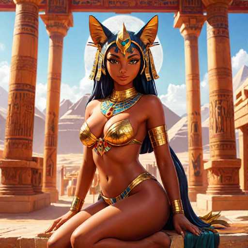 This AI-generated image depicts a striking Egyptian-themed character, possibly intended for a video game. The character is a woman with dark skin and long, flowing black hair. She is adorned with an elaborate headdress featuring cat ears, a gold crown, and cascading gold tassels. Her attire includes a gold bikini top and a matching gold bikini bottom, complemented by gold armbands and wristbands. Around her neck, she wears a necklace with a prominent red jewel. The character is seated on a stone bench, with her hands resting on her knees. The background showcases a grand coliseum-like structure with tall, ornate columns, each intricately carved with hieroglyphics. The scene is set against a backdrop of majestic pyramids, under a clear blue sky dotted with fluffy white clouds.