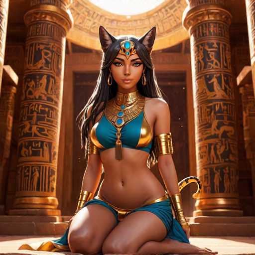This AI-generated image depicts a woman with long, dark hair adorned with cat ears. She is dressed in a blue bikini top and a matching skirt, complemented by gold accessories, including a choker, armbands, and wristbands. A gold belt with a prominent buckle accentuates her waist. The woman is kneeling on a stone floor, with her right knee positioned forward and her left knee bent backward. Behind her, two large, ornate columns feature intricate hieroglyphics in black and gold. The background is dimly lit, with a bright light shining from above, illuminating the scene. The woman's face appears slightly distorted, with an unusual nose and asymmetrical eyes, adding to the surreal quality of the image.