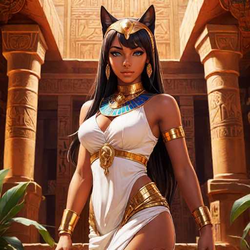This image depicts a highly detailed, AI-generated portrayal of Cleopatra, the renowned ancient Egyptian queen. The artwork features Cleopatra adorned in a striking white dress embellished with gold accents. Her attire includes a gold belt, a gold band around her waist, and a gold band around her upper thigh. She also wears a gold choker around her neck, which is complemented by a blue and gold collar. Her ears are adorned with gold earrings, and a gold headband sits atop her head, complete with cat ears, symbolizing her feline association. 

Cleopatra's long, dark hair cascades down her back, and she has captivating blue eyes. Her arms are decorated with gold armbands, and she wears gold bracelets on both wrists. The background showcases an ancient Egyptian temple, characterized by tall, ornate columns and intricate hieroglyphics. The scene is bathed in warm, golden sunlight, enhancing the regal and timeless atmosphere of the image.
