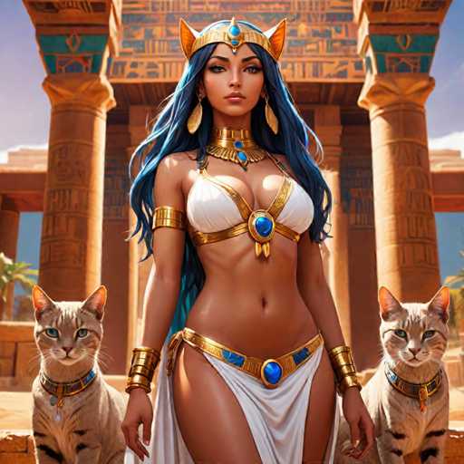 This AI-generated image depicts a striking woman with long, flowing blue hair, adorned in an elaborate Egyptian-style outfit. She wears a golden headband with pointed ears, reminiscent of a cat's, and a blue jewel set in the center of her forehead. Her attire includes a white bikini top with gold straps and a matching gold belt featuring a prominent blue jewel. She also sports a gold choker necklace with a blue jewel, large gold earrings, and gold armbands and wristbands. A white skirt with gold trim and a blue jewel completes her ensemble. Flanking her are two beige cats with black stripes, blue eyes, and gold collars, each adorned with a blue jewel. The background showcases an ancient Egyptian-style building with tall columns and hieroglyphics, under a clear blue sky with white clouds. The scene is bathed in sunlight, highlighting the intricate details of her attire and the surrounding architecture.