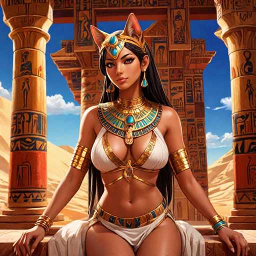 A stunning digital artwork depicts a beautiful, anthropomorphic cat goddess seated in front of an ancient Egyptian temple. She's adorned in elaborate gold and turquoise jewelry, including a headdress with cat ears, and wears a white garment. The background features a warm desert landscape under a bright blue sky with fluffy clouds, emphasizing the grandeur and mystical nature of the scene. The art style is highly detailed and realistic, with a focus on intricate textures and vibrant colors.