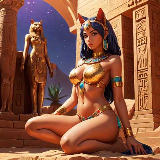 A stunning digital painting depicts a beautiful, anthropomorphic cat-woman in ancient Egyptian attire. She sits gracefully on stone steps, adorned with golden jewelry and a blue headdress with cat ears. Behind her stands a larger, golden statue of a woman with a cat head, also in traditional Egyptian style. The background features intricately carved temple architecture and a starry night sky, creating an immersive, fantastical scene with a detailed, illustrative art style.