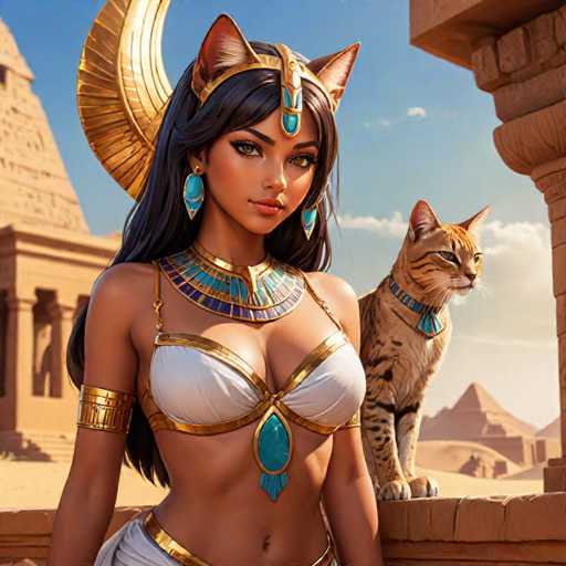 This image depicts a strikingly beautiful woman adorned in ancient Egyptian attire. She wears a golden crown with cat ears, symbolizing her connection to the goddess Bastet. Her long, flowing black hair cascades down her back, complementing her elaborate gold and turquoise collar. The collar features intricate designs, adding to her regal appearance. She is dressed in a white bikini top with gold trim, and a turquoise pendant hangs from the center of her collar, resting just above her belly button. Her ensemble is completed with a gold armband on her right arm, and she appears to be wearing a white skirt, though it is partially cut off in the image. 

Beside her stands a majestic cat, likely a domesticated feline, adorned with a turquoise collar that matches her own jewelry. The background reveals a stunning view of ancient Egyptian pyramids, enhancing the historical ambiance of the scene. The woman gazes directly at the camera, exuding confidence and grace.