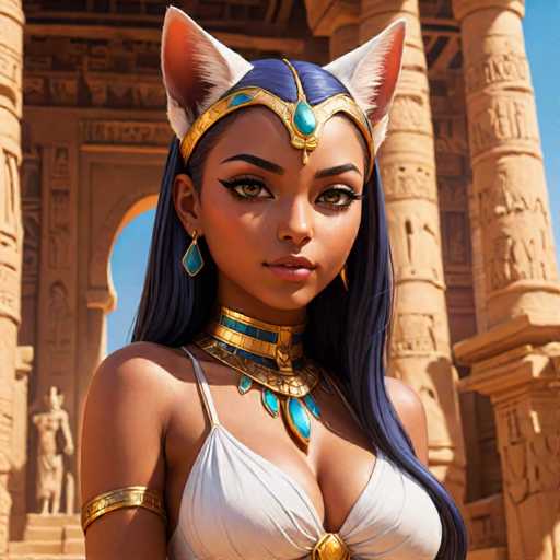 This image features a strikingly beautiful woman with long, flowing black hair that cascades down her back. She is adorned with a golden headband that rests elegantly on her forehead, embellished with a turquoise gem at its center. Her ears are adorned with large, dangling earrings that resemble turquoise stones, adding to her regal appearance. Around her neck, she wears a matching turquoise and gold necklace that complements her headband. Her attire includes a white dress with thin straps, and a gold band encircles her upper arm, adding a touch of opulence. The background reveals an ancient Egyptian setting, with towering columns and statues carved into the stone, enhancing the historical ambiance of the scene.