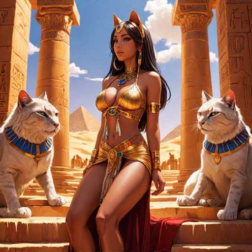 In this AI-generated image, a woman is depicted in a gold bikini adorned with blue jewels, exuding an air of ancient Egyptian royalty. She stands on a set of stone steps, flanked by two majestic white cats with gold collars and pendants. The cats, with their striking green eyes, gaze intently at the woman. She is positioned in front of a grand columned structure, with pyramids rising in the background under a clear blue sky dotted with white clouds. The woman's long, dark hair cascades down her back, and she wears a gold headpiece with a jewel that rests on her forehead. Her large hoop earrings and additional gold jewelry accentuate her regal appearance. A red cloth drapes elegantly from her waist, adding a touch of color to the scene. The overall composition evokes a sense of timeless beauty and ancient splendor.