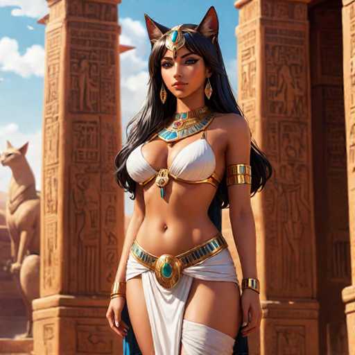 The image depicts a highly detailed, computer-generated female character with a distinctly Egyptian aesthetic. She is adorned in a white bikini top and a matching skirt, complemented by a gold belt featuring a prominent turquoise gem. Her ensemble is accentuated with gold bangles on her wrists and a gold armband on her upper arm. She wears a striking gold necklace with a turquoise centerpiece and matching turquoise earrings. Her long, dark hair cascades down her back, and she sports a gold headband with cat ears, adding to her feline-inspired look. The background showcases an ancient Egyptian setting with tall, brownish columns adorned with intricate hieroglyphics. To the left, a statue of a cat stands on a pedestal, further enhancing the scene's historical ambiance.