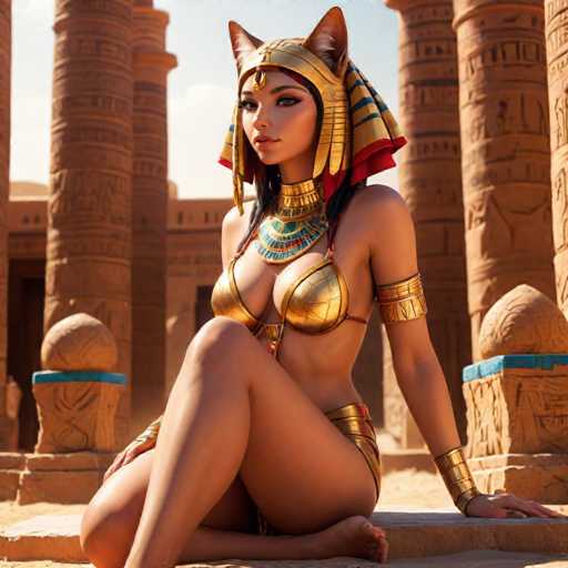The image depicts a young woman seated on a stone bench in a desert setting, surrounded by large, intricately carved sandstone columns adorned with hieroglyphics. She is dressed in elaborate ancient Egyptian attire, including a gold bikini-style outfit and a matching gold headpiece with cat ears. The headpiece features a prominent jewel hanging between her eyes, and the back of it is decorated with blue and gold stripes, ending in a red fringed edge. Around her neck, she wears a large, ornate gold collar with turquoise and red accents, resembling a substantial necklace. Her wrists are adorned with gold armbands and wristbands, and she has a gold band around her upper arm. The woman's long black hair cascades down her back, and she gazes off to the left, her bare feet resting on the sand. The scene is bathed in sunlight, highlighting the detailed carvings on the columns and the intricate jewelry adorning her.