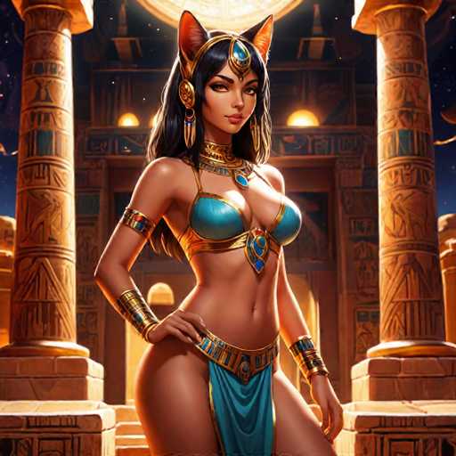 The image depicts a striking, computer-generated female character with a distinctly Egyptian aesthetic. She has long, dark hair adorned with cat ears and a gold headband featuring a blue jewel. Her attire includes a blue bikini top and a matching skirt, both embellished with gold accents. She also wears gold bangles on her wrists and a gold choker necklace with a blue jewel. The character's pose is confident, with one hand on her hip, and she gazes directly at the viewer. The background showcases an elaborate Egyptian-style building with gold columns and hieroglyphics, illuminated by a large, glowing moon. The scene is set against a dark night sky, enhancing the mystical and regal atmosphere.