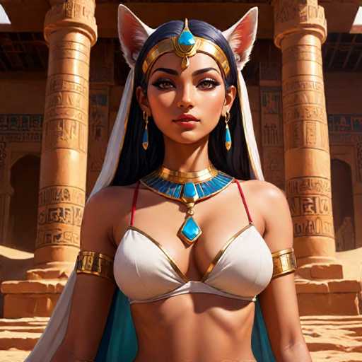 The image depicts a strikingly beautiful woman with long, flowing black hair and captivating brown eyes. She is adorned with a golden headband featuring a prominent blue jewel at its center, which complements her elegant blue and gold earrings. Her attire includes a white bikini top with gold trim, accentuated by a matching blue and gold necklace that mirrors the design of her headband. Gold armbands adorn her arms, adding to her regal appearance. A white veil with gold trim cascades from her head, enhancing her ethereal look. She stands in front of an ancient Egyptian-style building, characterized by tall, tan columns inscribed with hieroglyphics. The structure is framed by two grand archways, with a set of steps leading up to it, all set against a backdrop of sandy terrain.
