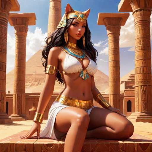 The image depicts a strikingly beautiful woman with long, flowing black hair, seated on a stone bench. She is adorned in an elaborate Egyptian-inspired outfit, featuring a white bikini top and a matching skirt. Her ensemble is accentuated by a golden belt and numerous gold bangles on her arms. Atop her head, she wears a golden headpiece with cat ears, adding a mystical touch to her appearance. The background showcases a grand pyramid and several tall, ornate columns, all set against a backdrop of a clear blue sky dotted with fluffy white clouds. The scene is bathed in warm sunlight, casting a gentle glow on the woman's skin and highlighting the intricate details of her attire and the ancient structures behind her.