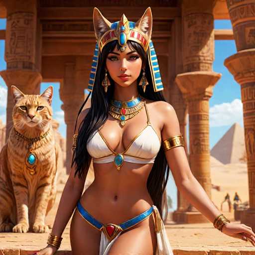 A woman adorned in ancient Egyptian attire, including a cat-shaped headdress and jewelry, stands with a majestic golden cat beside her. They are set against an ornate, warm-toned backdrop of ancient Egyptian architecture and a distant pyramid under a bright sky. The art style is detailed, realistic, and evocative of historical fantasy.