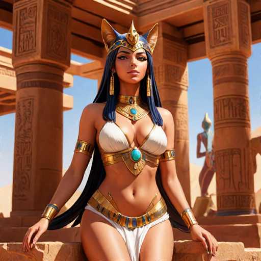 A stunning digital painting depicts a beautiful Egyptian goddess, Nefertiti, seated in a grand temple setting. She's adorned in intricate gold and white attire, including a headdress with golden cat ears and a turquoise collar. Her long black hair cascades down, framing her serene face. The background features towering sandstone columns and a bright blue sky, emphasizing the warm, ancient atmosphere. The art style is highly detailed and realistic, showcasing a blend of historical accuracy and artistic flair.
