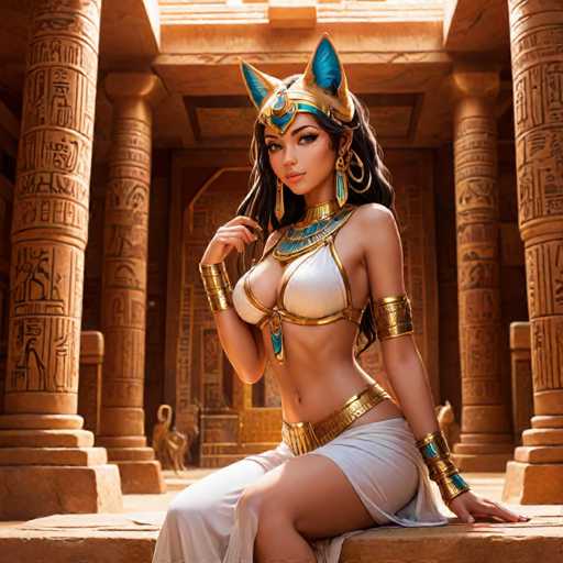 A stunning digital painting depicts a beautiful, modern Egyptian goddess figure seated in an ancient temple. She wears elaborate gold and turquoise jewelry, including a headdress with cat ears, and is draped in white fabric. The background showcases intricately carved columns and hieroglyphs, bathed in warm, golden light. The overall style is a blend of fantasy and historical art, emphasizing detail and cultural richness.