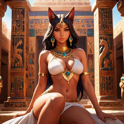 This AI-generated image depicts a woman with long, dark hair adorned with cat ears. She is dressed in a bikini top and a skirt, accessorized with a gold belt and a gold necklace featuring a blue gem. The woman is seated on a stone platform in front of an ancient Egyptian-style building, characterized by its brown color and intricate hieroglyphics. The hieroglyphics include images of horses and various symbols, adding to the historical ambiance of the scene.