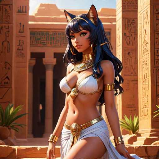 A striking digital artwork depicts a young woman with long, flowing black hair adorned with cat ears, standing confidently in front of an ancient Egyptian-style building. She is dressed in a revealing white bikini top and a matching skirt, complemented by gold bangles on her wrists and a gold belt around her waist. Her ensemble is accentuated by a gold choker necklace and a gold headband, adding to her regal appearance. The background features a grand structure with intricate hieroglyphics and carvings, evoking the grandeur of an ancient temple. The scene is bathed in natural light, highlighting the detailed textures and colors of the artwork.