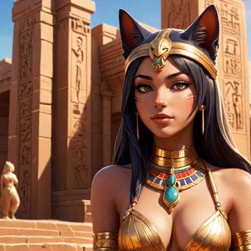 This image features a strikingly detailed, computer-generated female character set against an ancient Egyptian backdrop. The character, who appears to be a blend of human and feline features, has long, dark hair and piercing green eyes. She wears a golden cat headband adorned with a turquoise jewel, and her ears are pointed like a cat's. Her attire includes a golden bra and a matching choker necklace, also turquoise, with a turquoise pendant hanging from it. She has gold earrings and additional turquoise jewelry on her neck. The background showcases a grand, tan-colored temple with intricate hieroglyphics and carvings, reminiscent of ancient Egyptian architecture. The scene is bathed in sunlight, highlighting the character's elaborate costume and the temple's majestic details.