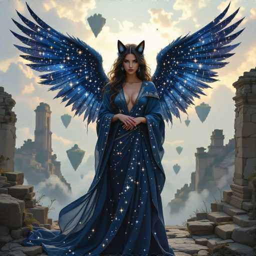 A majestic, ethereal figure with large, glowing blue wings and cat ears stands in a fantasy setting. She wears a flowing, deep blue gown adorned with sparkling stars and holds her hands together in a gentle gesture. The background features ancient, crumbling stone structures shrouded in mist and a partly cloudy sky with glowing orbs floating in the distance. The art style is digital painting, emphasizing a dreamlike and fantastical atmosphere with soft lighting and intricate details.
