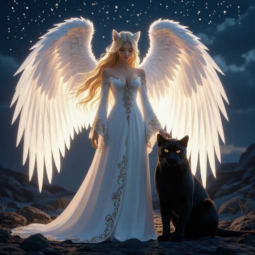 A serene, ethereal scene unfolds: a radiant angel with flowing blonde hair and large white wings stands gently holding a sleek black cat. The angel wears a long, flowing white gown adorned with golden details and gazes downwards. A starry night sky forms the backdrop, with a dark, rocky landscape grounding the figures. The art style is digital painting, emphasizing soft lighting and a dreamlike atmosphere.