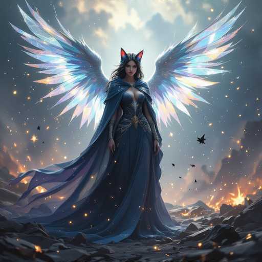 The image depicts a striking, computer-generated fantasy scene featuring a female character with cat-like ears and large, majestic wings. She stands on a rugged, rocky terrain, surrounded by a chaotic landscape of fires and embers, with dark clouds looming in the background. The character is adorned in a long, flowing blue dress with a low-cut neckline, complemented by a matching blue cape. Her wings are an intricate blend of blue, purple, and white, with a hint of orange at the tips. She has long, dark hair cascading down her back, and her cat-like ears are blue with red centers. The overall atmosphere is one of intense drama and fantasy, with the character exuding a powerful and enigmatic presence amidst the fiery, tumultuous setting.