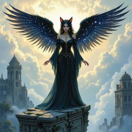 The image depicts a striking fantasy scene featuring a woman with fox-like ears, adorned in a long, flowing black dress with intricate gold and silver embellishments. She stands majestically atop a stone pedestal, her large, dark blue wings spread wide, speckled with stars. Her long, dark hair cascades down her back, and she wears a necklace with a pendant. The background reveals a grand castle with tall, pointed towers, partially obscured by clouds. The sky is a blend of blue and yellow hues, with the sun casting a warm glow behind her, illuminating the scene with a mystical light. The overall atmosphere is one of ethereal beauty and fantasy, reminiscent of a high-fantasy setting.