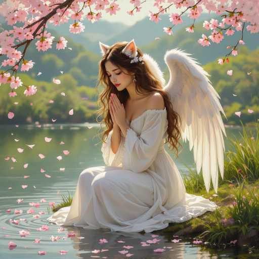In this captivating image, a young woman with long brown hair adorned with white flowers sits gracefully on a small grassy island surrounded by a serene lake. She is dressed in a flowing white gown that elegantly drapes over her shoulders, complementing her ethereal appearance. Her delicate white wings extend from her back, adding a touch of fantasy to the scene. The woman's hands are clasped together in a prayerful gesture, and her eyes are gently closed, exuding a sense of tranquility and contemplation. The background is a picturesque landscape featuring lush green trees and majestic mountains, all bathed in the soft light of a setting sun. Pink cherry blossom petals float gently around her, enhancing the dreamlike quality of the moment. The overall composition is a harmonious blend of natural beauty and mystical elements, creating a visually stunning and serene tableau.